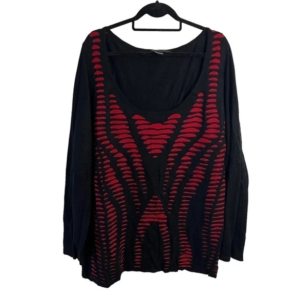 Ashley Stewart Knit Sweater Blouse Size 22 24 Red Black Textured Long Sleeves - Picture 1 of 7